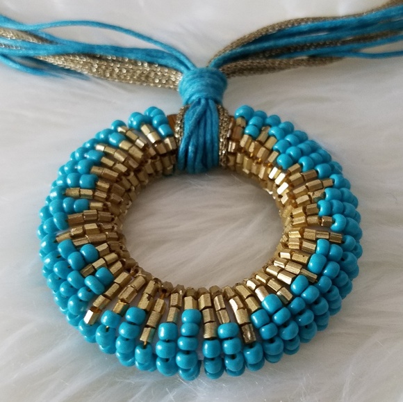 Turquoise Gold Beaded Statement Necklace Handmade NEW